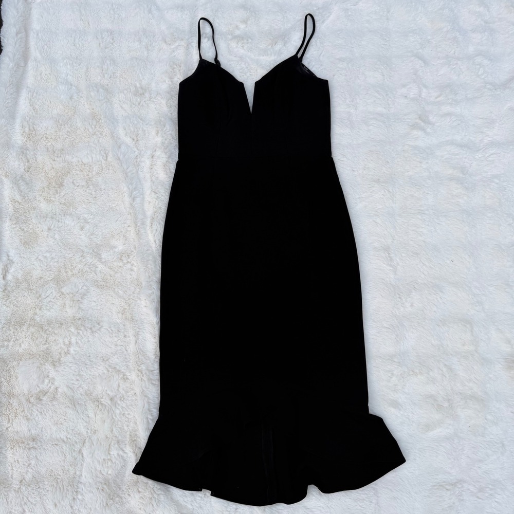 Bardot Black Plunge V-Neck‎ Ruffle Hem Midi Dress Womens US 6 Small 52570DB